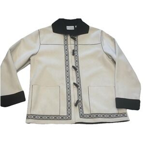 Vtg. Alfred Dunner White Suede Black Embroidery Hook Buttons Coat Sz 8 Boho Indi